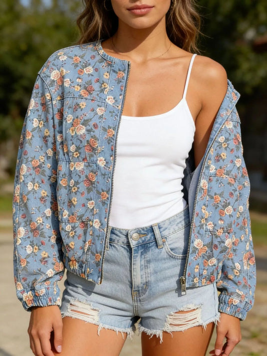 Floral Print Zip Up Denim Jacket — women's jacket Australia