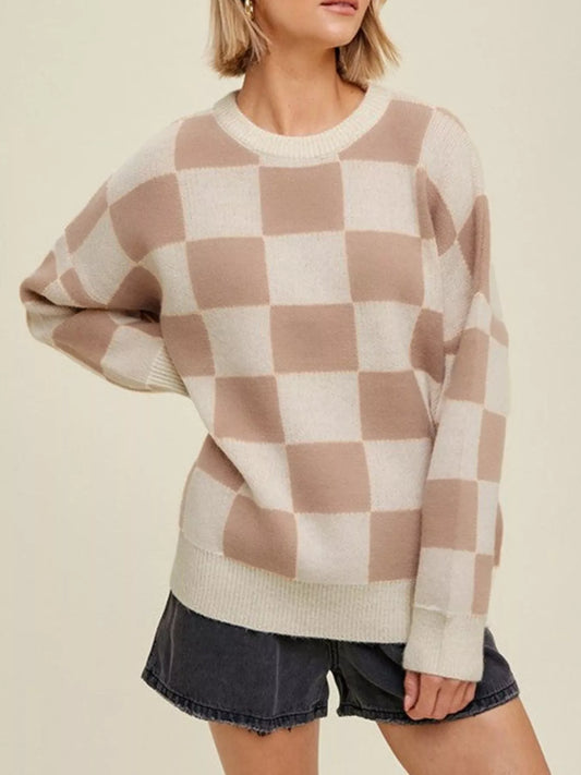 Women's Checkered Pattern Ribbed Trim Knit Baggy Sweater — women's knitwear Australia