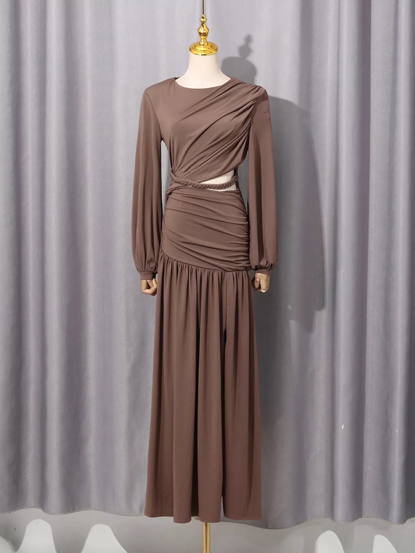 Women's Ruched Long-Sleeve Maxi Dress with Cutout Detail — Chic and Unique AU