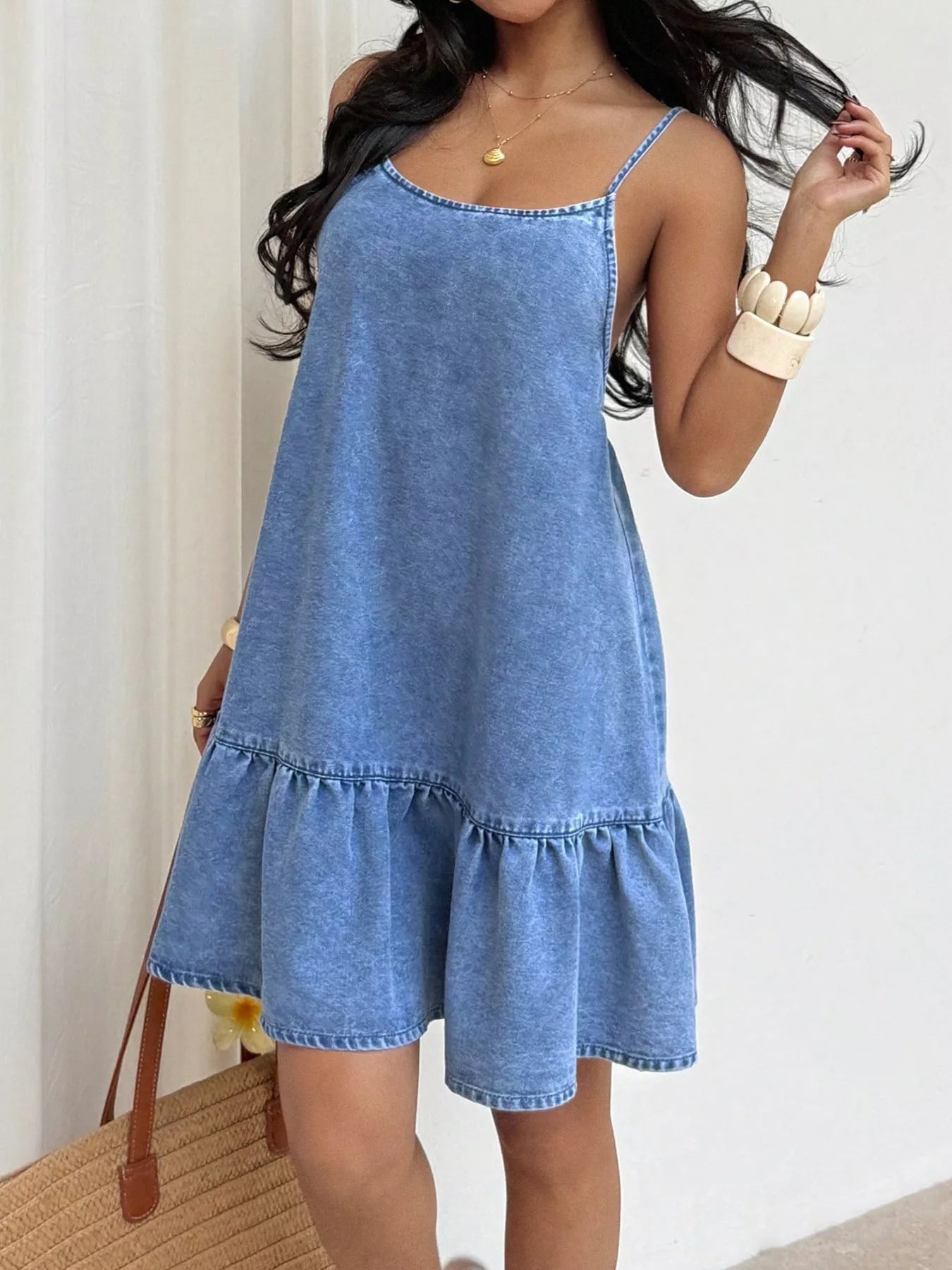 Women's Casual Spaghetti Strap Ruffle Hem Denim Dress — Chic and Unique AU