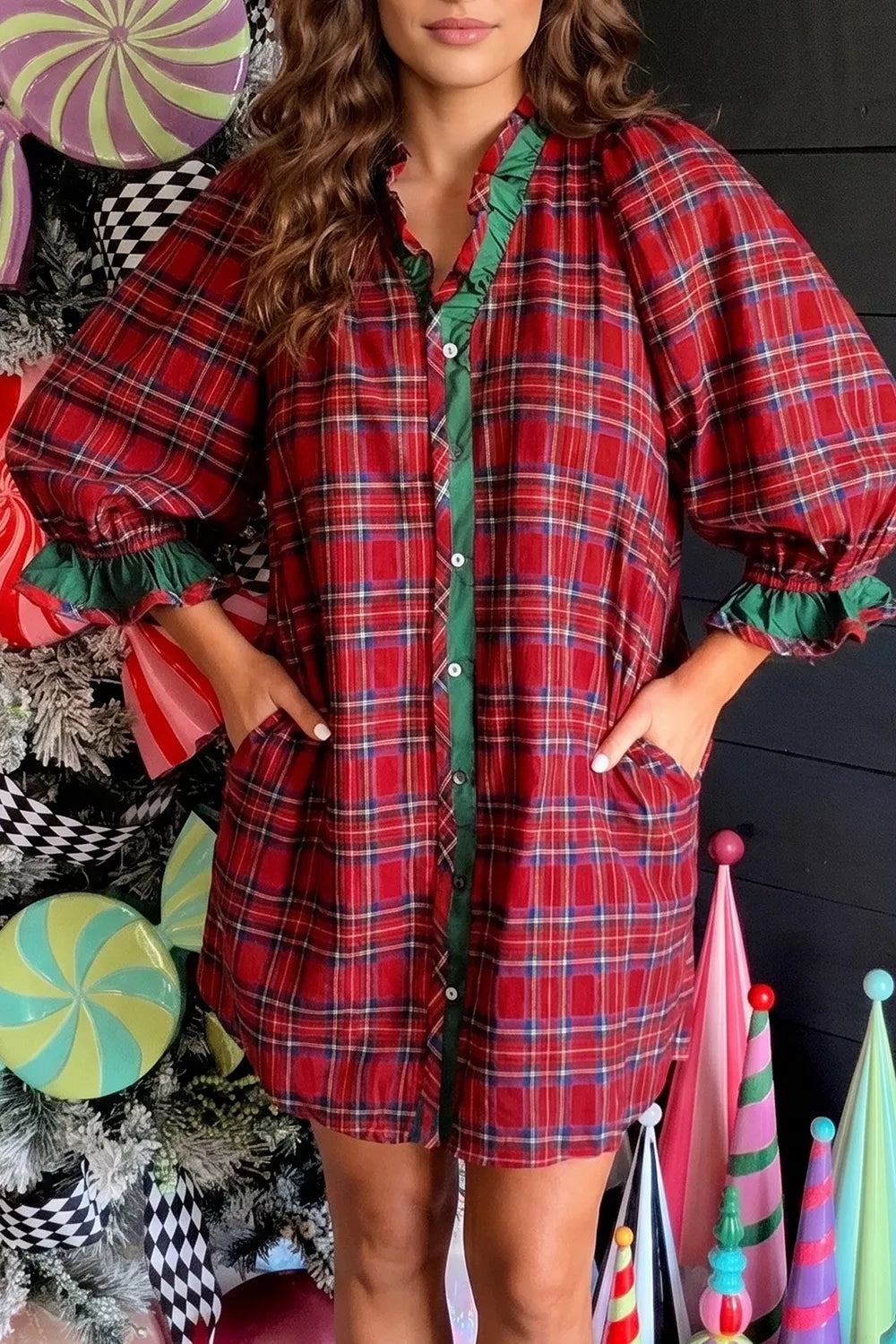 Women's Plaid Ruffle Cuff Button Front Pocket Mini Dress — Chic and Unique AU