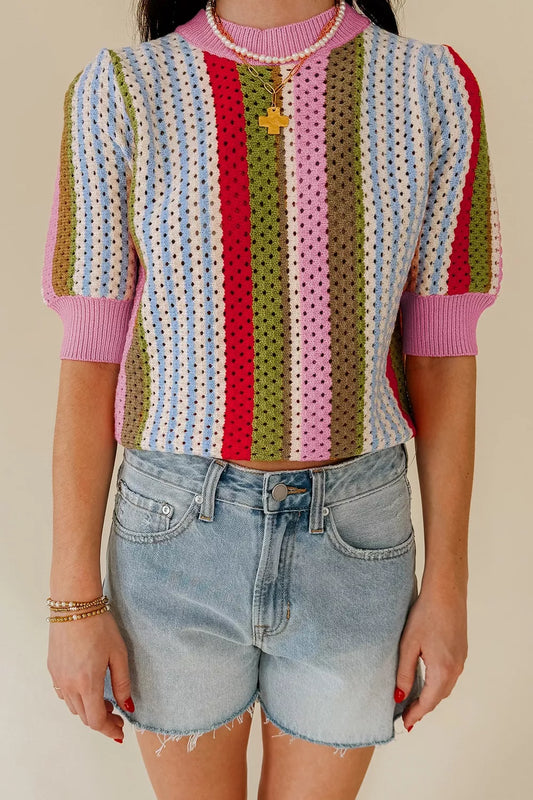 Women's Color Block Short Sleeve Striped Crochet Knit Top — women's knitwear Australia