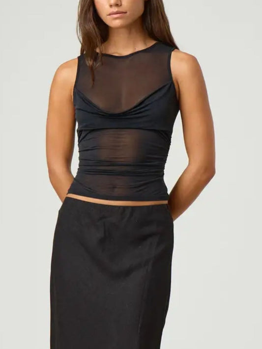Ruched Sheer Round Neck Tank — women's tank top Australia