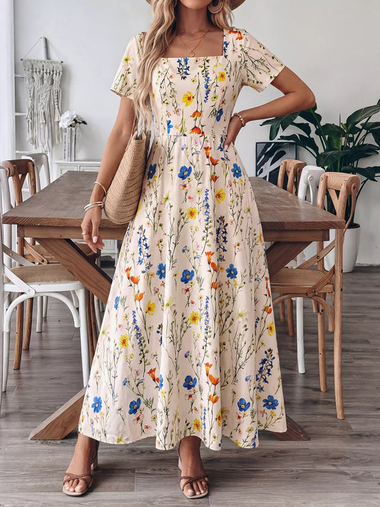Floral Print Square Neck Casual Maxi Dress — women's casual dress Australia