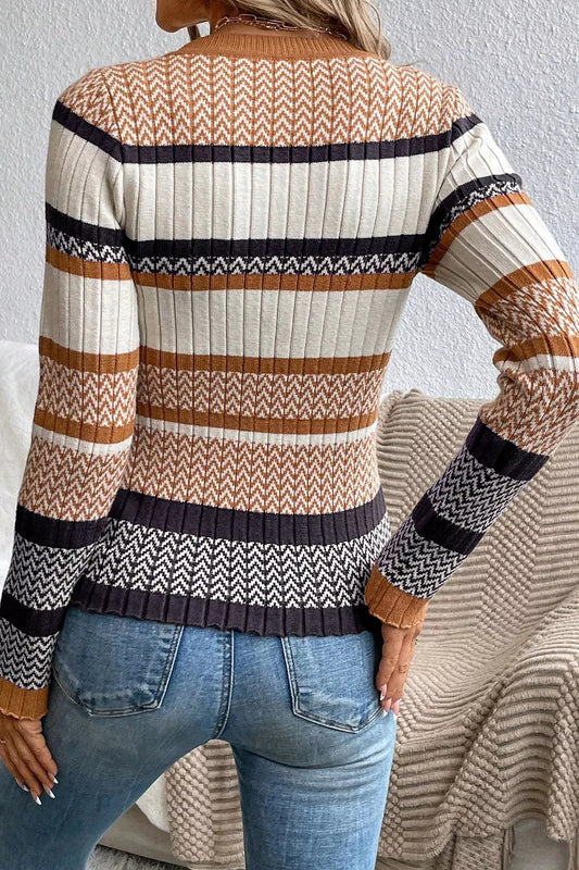 Women's Stripe Stylish Pattern Knitted Ribbed Trim Slim Sweater — women's knit sweater Australia