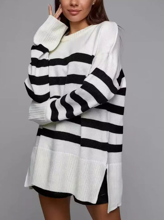 Women's Side Slit Striped Oversized Knit Sweater — women's knit sweater Australia