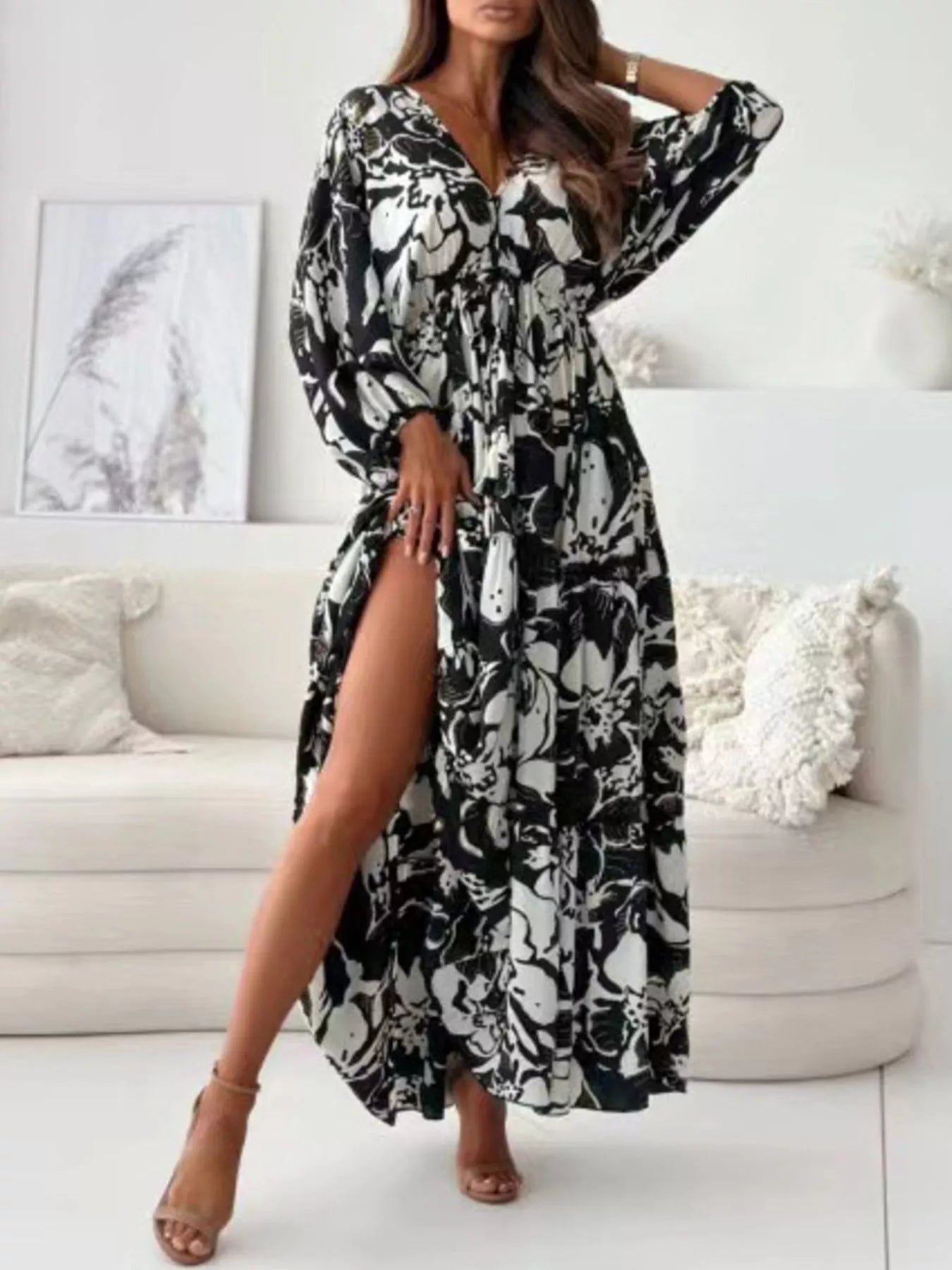 Women's Printed V-Neck Balloon Sleeve Slit Maxi Dress — Chic and Unique AU