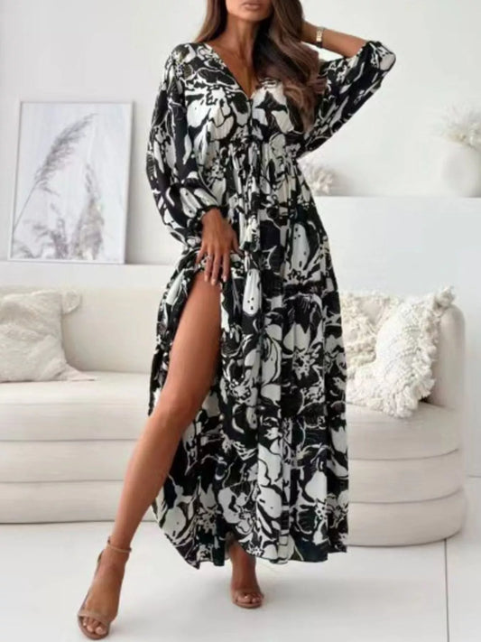 Women's Printed V-Neck Balloon Sleeve Slit Maxi Dress — Chic and Unique AU