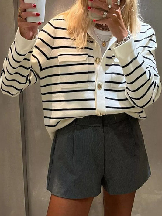 Women's Striped Button-Down Knit Cardigan — women's knit cardigan Australia