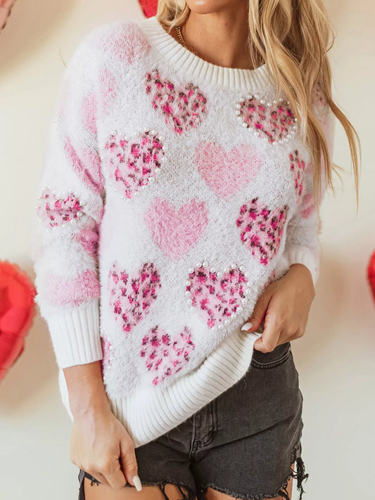 Women's Heart Leopard Pearled Ribbed Trim Fuzzy Sweater — women's knitwear Australia