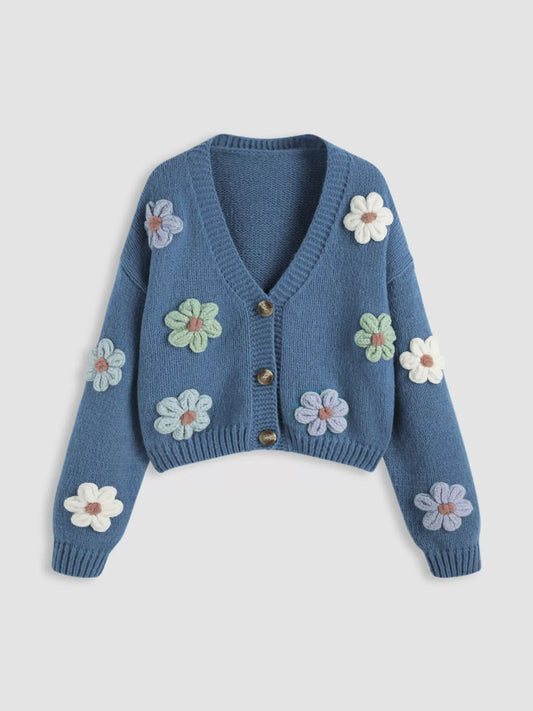 Women's Floral Applique V-Neck Knit Cardigan — women's knitwear Australia