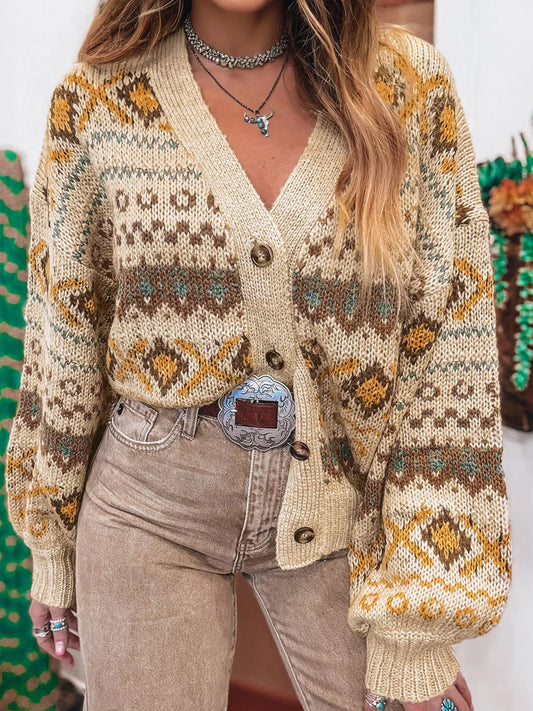 Women's Western Pattern Knitted Button V Neck Cardigan Sweater — women's knit cardigan Australia