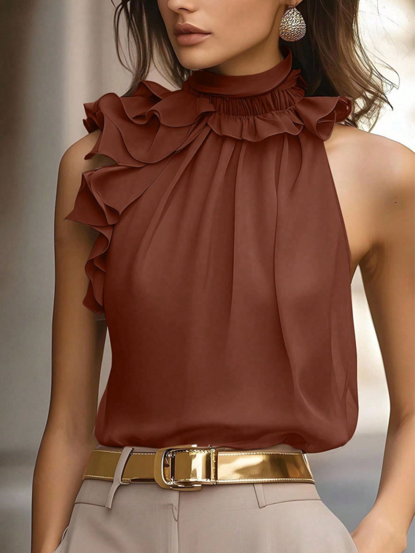 Ruffle High Neck Sleeveless Top — women's top Australia