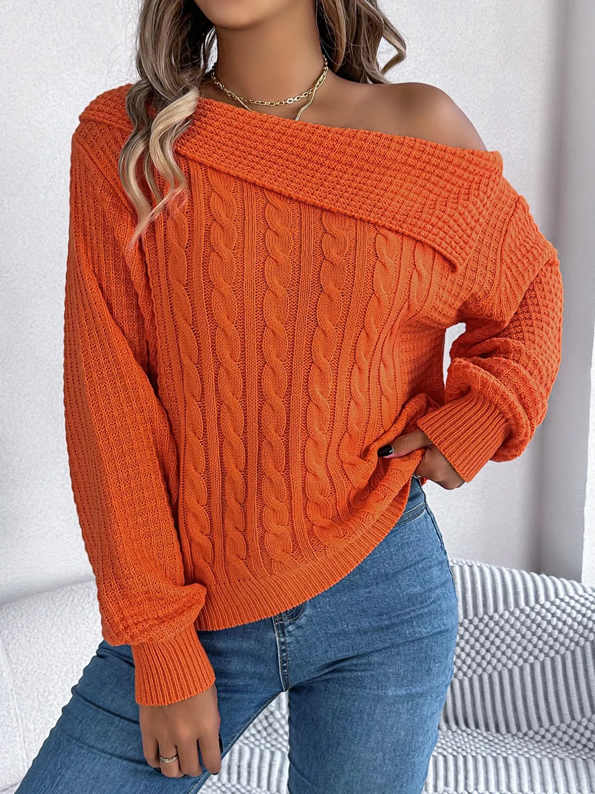 Women's Off-Shoulder Cable Knit Sweater — women's knit sweater Australia