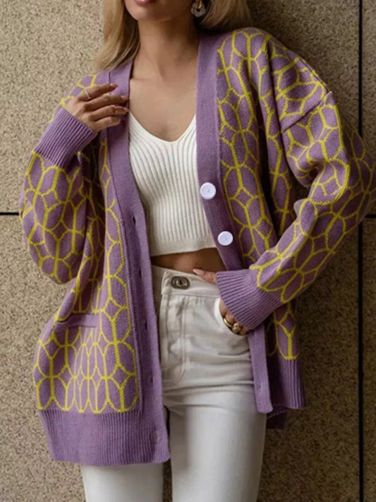 Women's Geometric Patterned Button-Down Cardigan — women's knitwear Australia