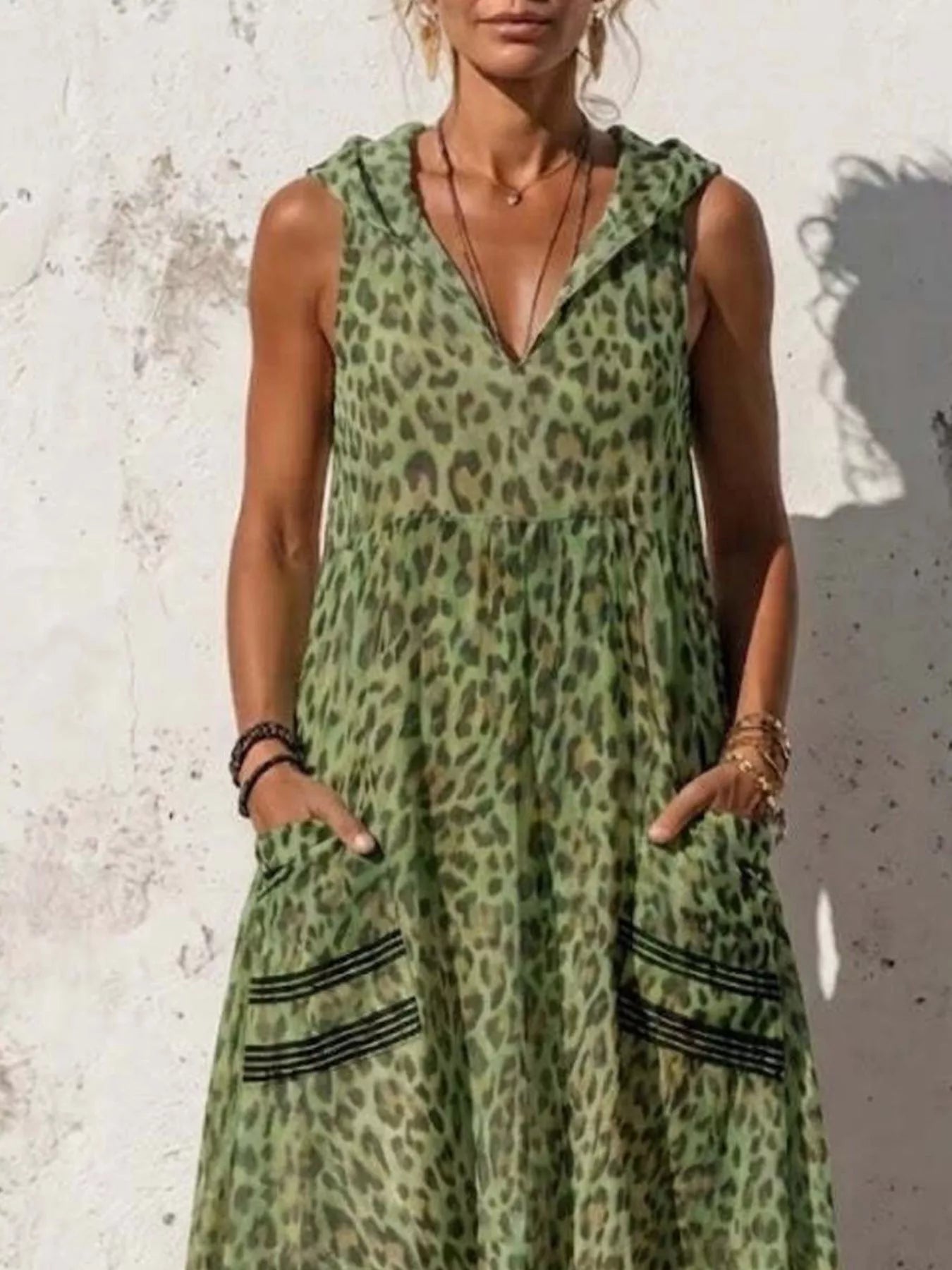 Women's Full Size Sleeveless Hooded Leopard Print Maxi Dress Plus Size — Chic and Unique AU