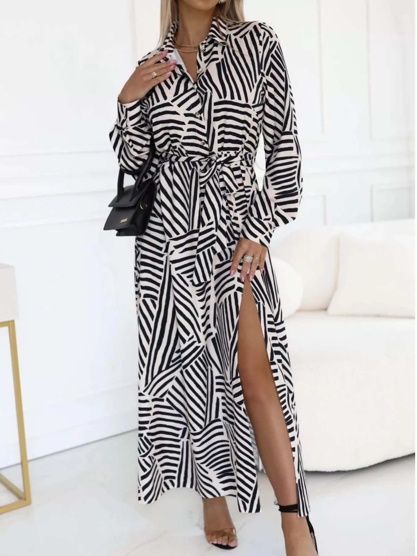 Women's Geometric Print Belted Maxi Shirt Dress — Chic and Unique AU