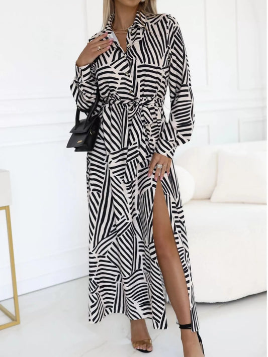 Women's Geometric Print Belted Maxi Shirt Dress — Chic and Unique AU