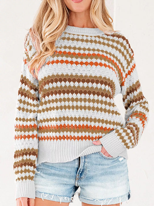 Women's Stripe Eyelet Patterned Drop Shoulder Sweater — women's knit sweater Australia