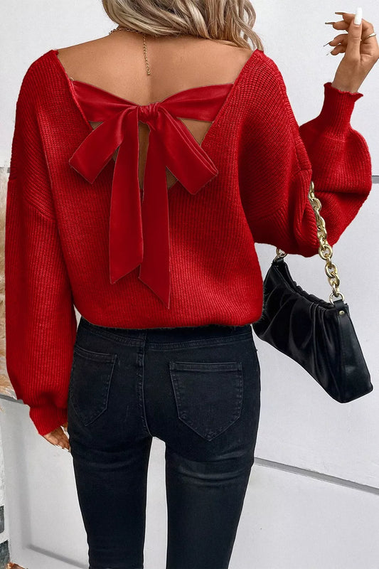 Women's Lantern Sleeve V Neck Knot Back Sweater — women's knitwear Australia