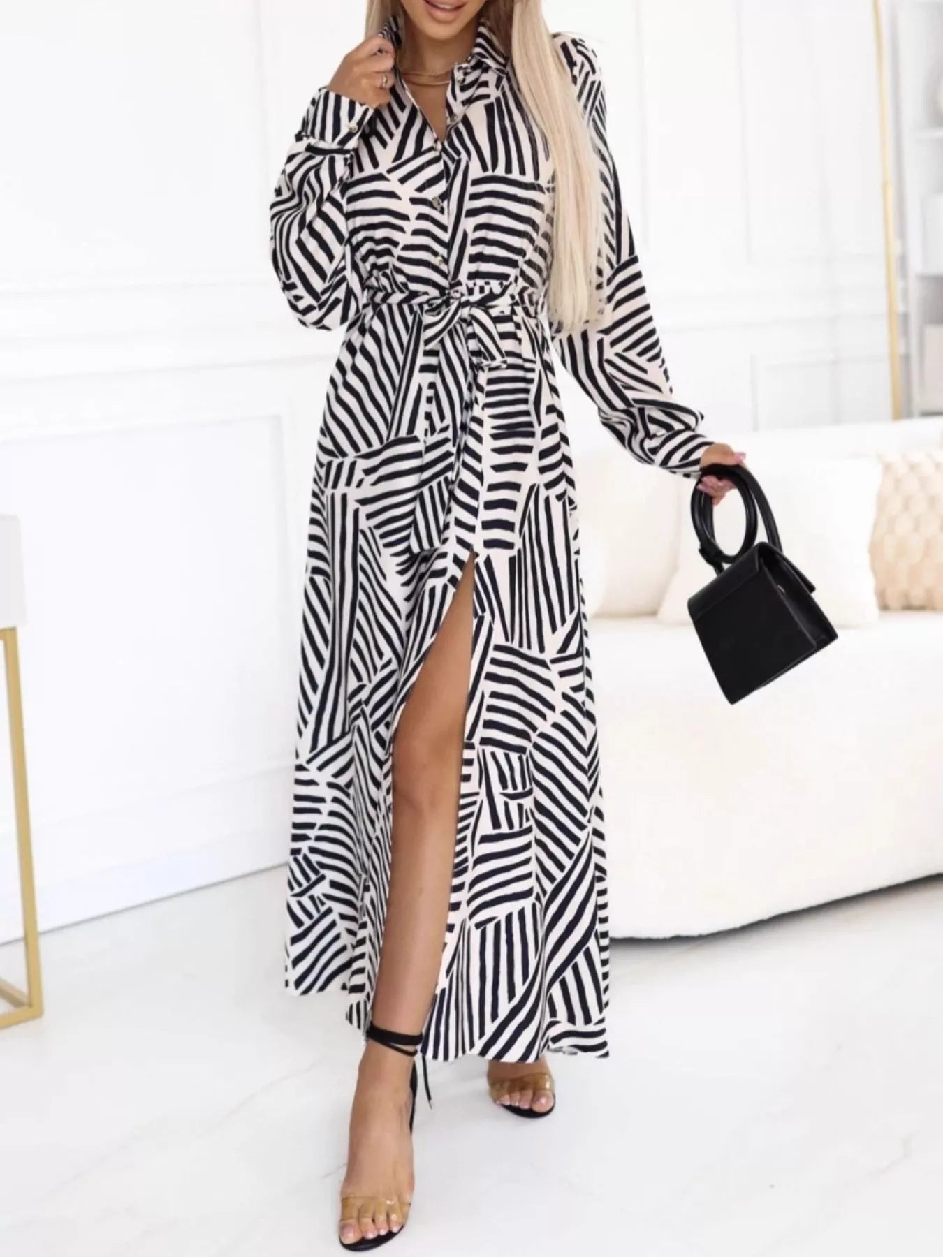 Women's Geometric Print Belted Maxi Shirt Dress — Chic and Unique AU