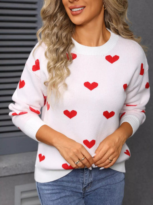 Women's Valentine's Day Heart Pattern Dropped Shoulder Sweater — women's knitwear Australia