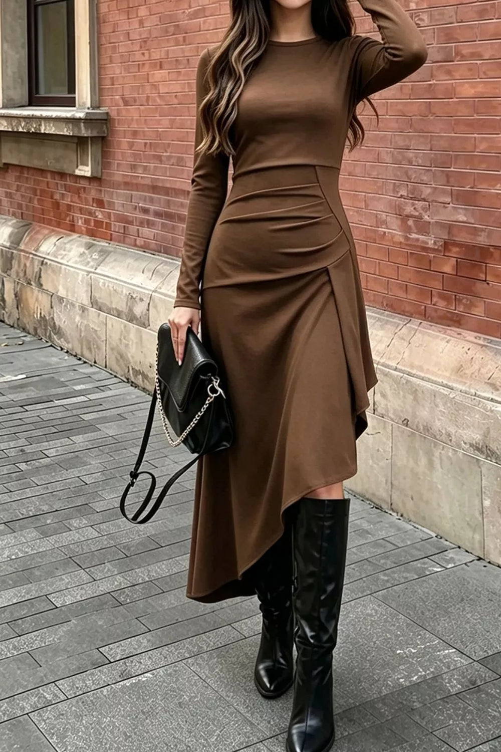 Women's Ruched Asymmetrical Hem Long Sleeve Dress — Chic and Unique AU
