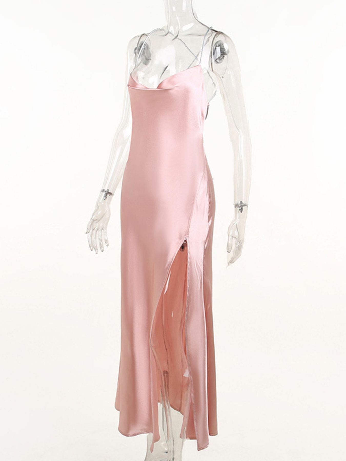 Women's Slinky Satin Cowl Neck High Slit Dress with Back Lace Up — Chic and Unique AU