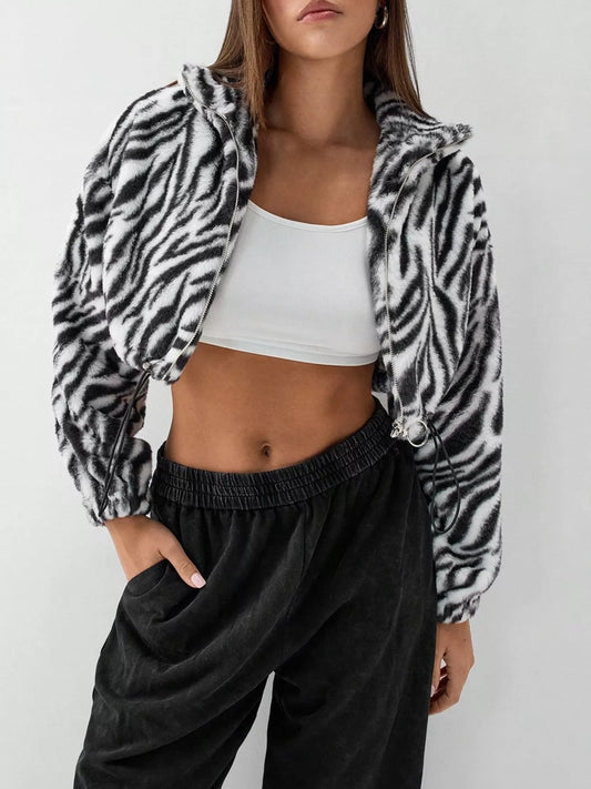 Zebra Print Plush Cropped Jacket — women's jacket Australia