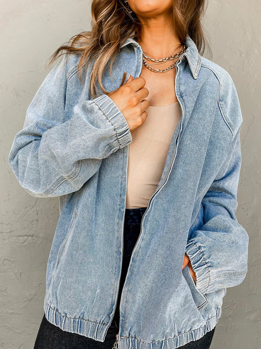 Elastic Edge Collared Zip Up Denim Jacket With Pocket — women's jacket Australia