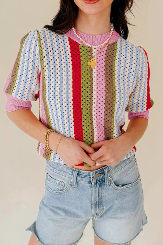 Women's Color Block Short Sleeve Striped Crochet Knit Top — women's knitwear Australia