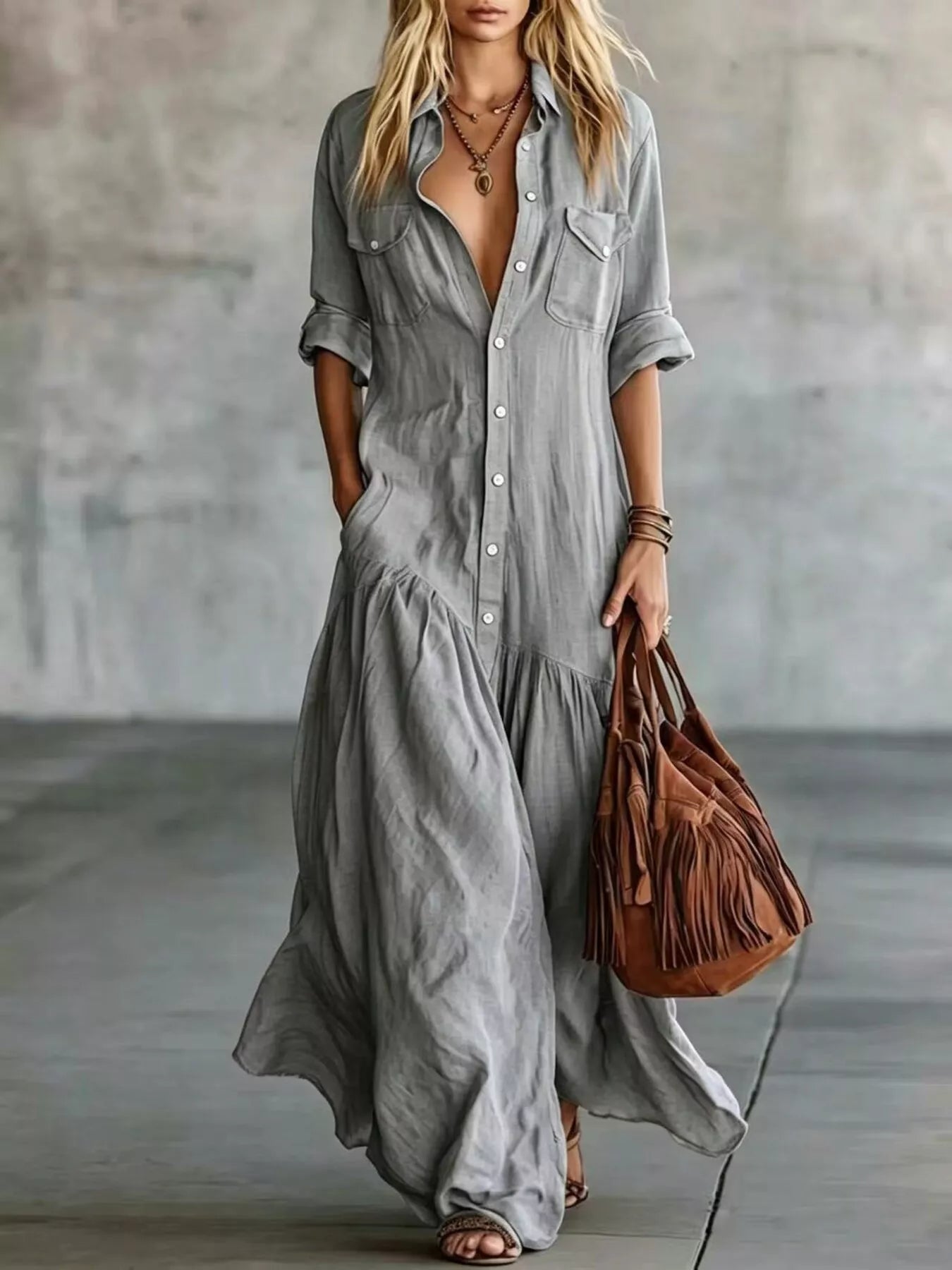 Women's Full Size Button Front Roll-Up Sleeve Maxi Dress Plus Size — Chic and Unique AU