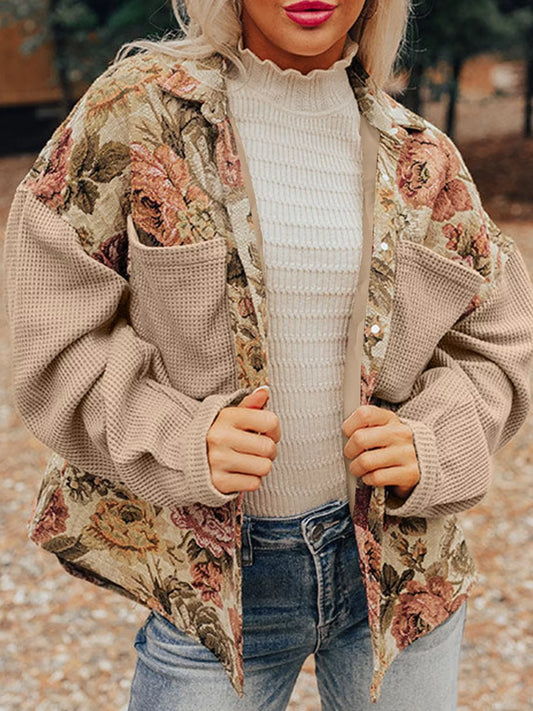 Floral Waffle Knit Patchwork Chest Pockets Buttoned Jacket — women's jacket Australia
