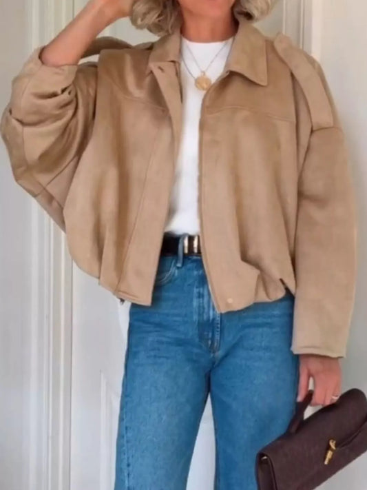 Zip Up Dropped Shoulder Suede Jacket — women's jacket Australia