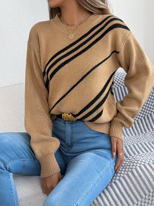 Women's Striped Pattern Casual Round Neck Sweater — women's knit sweater Australia