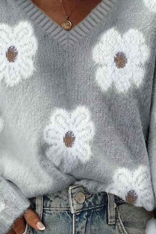 Women's Floral Fuzzy Knit V-Neck Sweater — women's knit sweater Australia