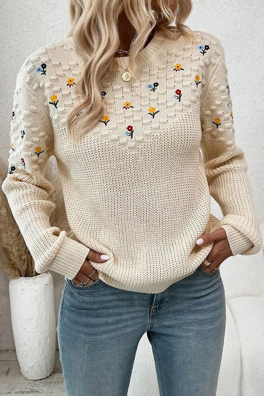 Women's Floral Round Neck Dropped Shoulder Sweater — women's knit sweater Australia