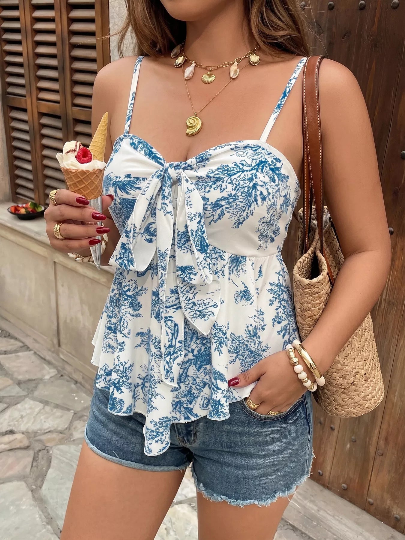 Floral Print Tie Front Ruffle Hem Cami — women's cami Australia