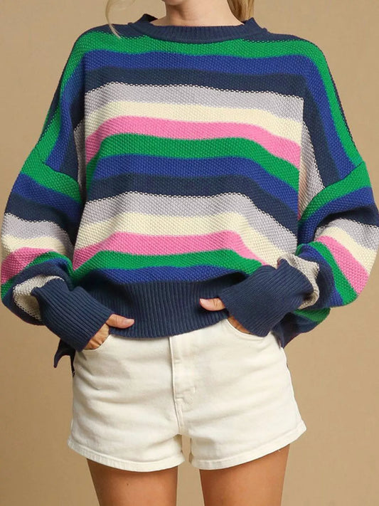 Women's Rainbow Striped Crew Neck Drop Shoulder Sweater — women's knitwear Australia