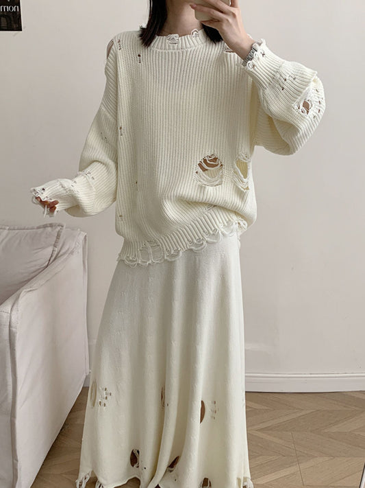 Women's Distressed Long Sleeve Sweater and Skirt Set — women's knitwear Australia