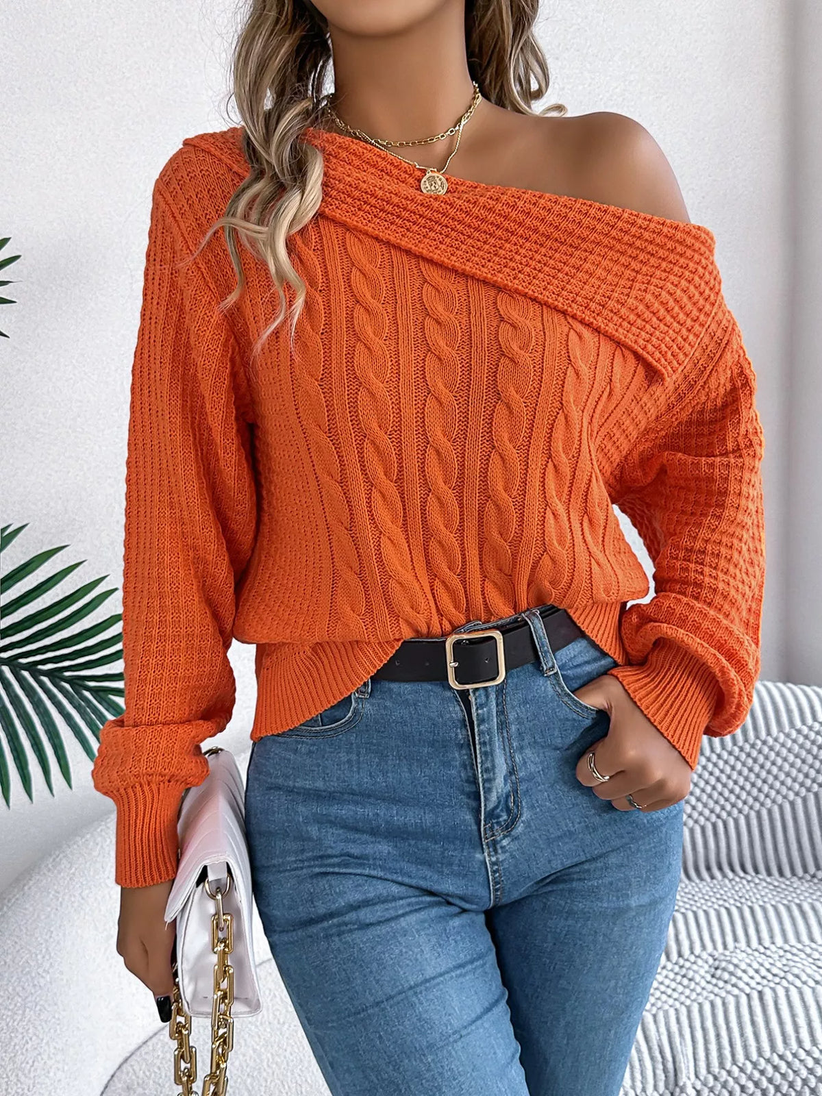 Women's Off-Shoulder Cable Knit Sweater — women's knit sweater Australia