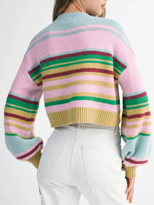 Women's Multicolour Striped Knit Ribbed Trim Boxy Fit Cropped Sweater — women's knit sweater Australia