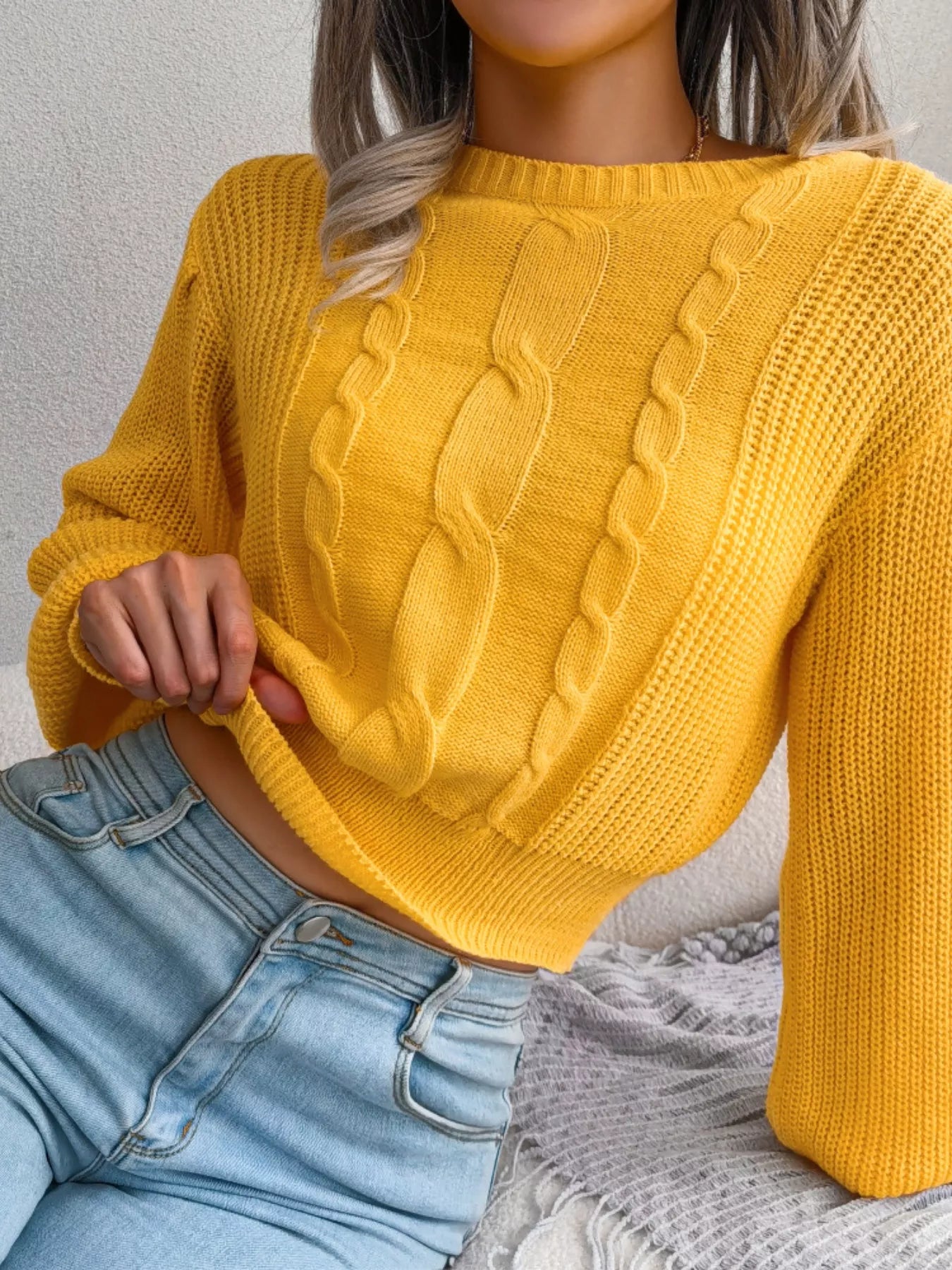 Women's Cable Knit Round Neck Cropped Sweater — women's cropped sweater Australia