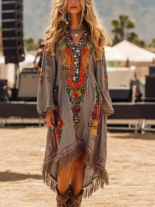 Fringe Hem Notched Long Sleeve Dress — women's casual dress Australia