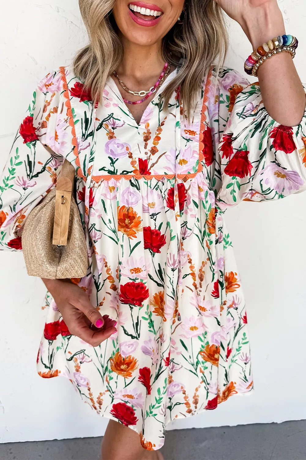 Women's Floral Print Puff Sleeve Ricrac Trim Mini Dress — Chic and Unique AU