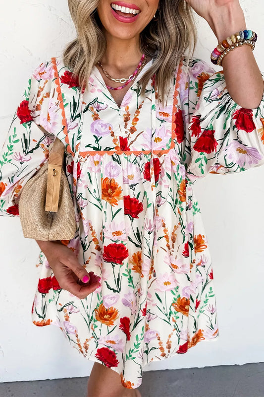 Women's Floral Print Puff Sleeve Ricrac Trim Mini Dress — Chic and Unique AU