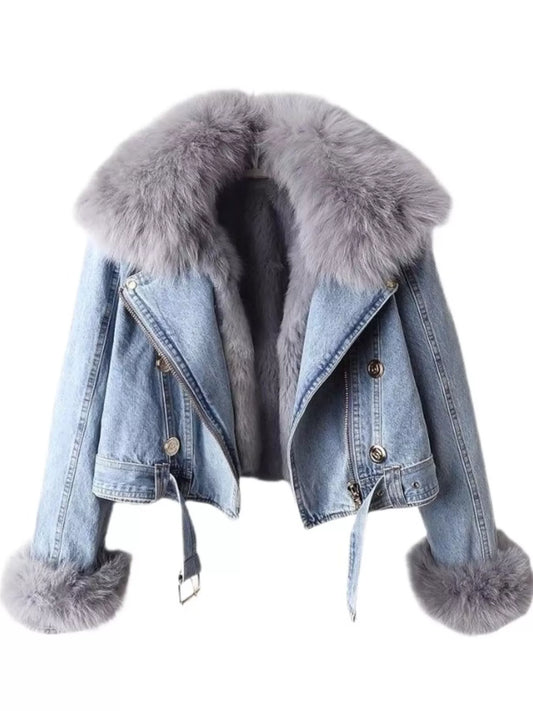 Full Size Faux Fur Collar Denim Jacket Plus Size — women's jacket Australia