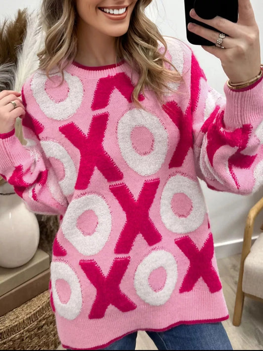 Women's XOXO Pattern Round Neck Sweater — women's knit sweater Australia