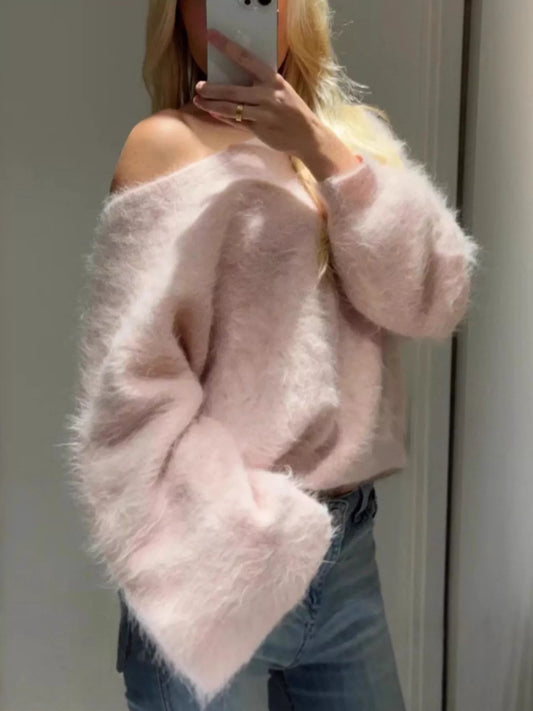 Women's Fuzzy One Shoulder Sweater — women's knit sweater Australia