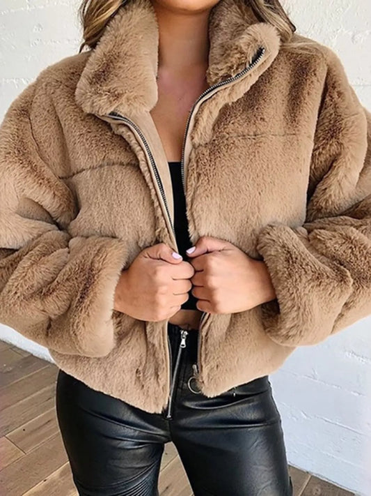 Full Size Faux Fur Cropped Zip-Up Jacket Plus Size — women's jacket Australia